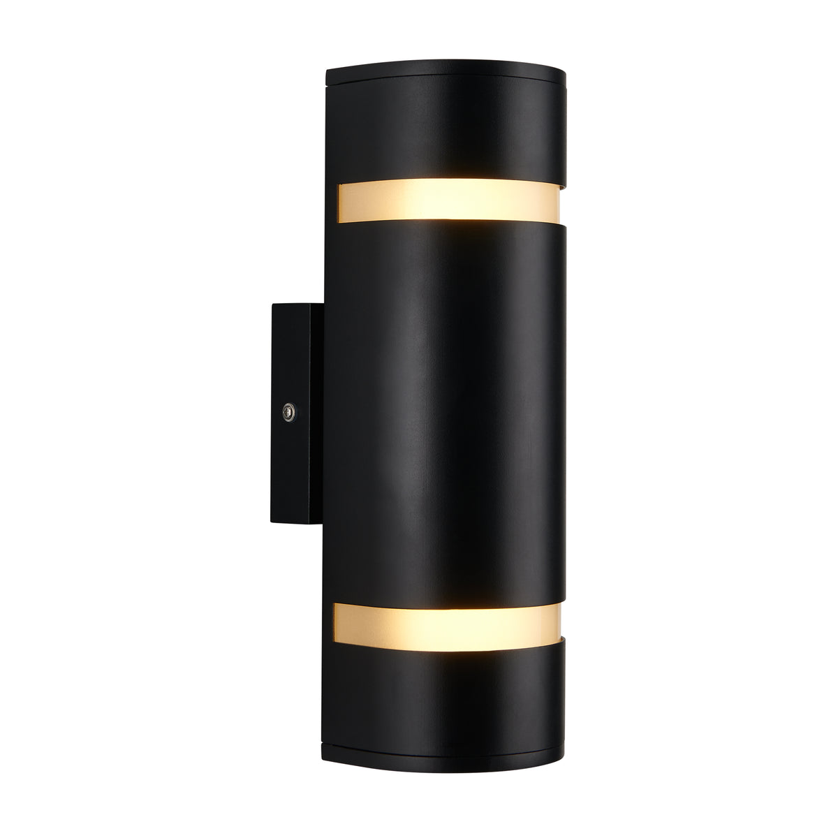 A modern black wall sconce with a cylindrical shape, featuring two horizontal bands of warm light shining from slots at the top and bottom of the fixture against a white background.