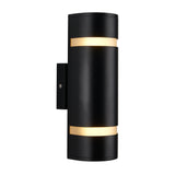 A modern black wall sconce with a cylindrical shape, featuring two horizontal bands of warm light shining from slots at the top and bottom of the fixture against a white background.