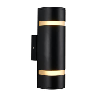 The Artika D4 indoor-outdoor wall light is a modern black cylindrical sconce with two horizontal openings, emitting warm light from both the top and bottom, shown mounted on a white background.