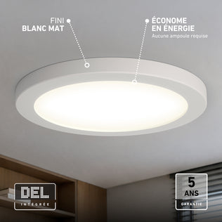 Europa Disk 9 in. (23 cm) Modern LED Flush Mount Ceiling Light 3 CCT in matte white with integrated LEDs, energy efficiency, and a 5-year warranty.