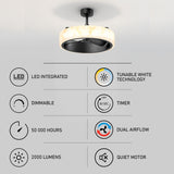 Modern ceiling fan with a round, marble-like light fixture and black blades. Features listed: LED integrated, dimmable, 50,000 hours, 2000 lumens, tunable white, timer, dual airflow, and quiet motor.