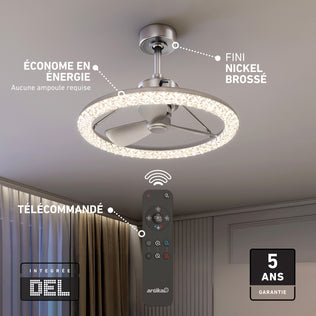 Artika Carat 23" LED ceiling fan, remote control, gemstone-cut diffuser, brushed nickel finish, 5-year warranty.