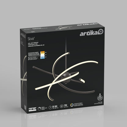 A black box showcases the Artika Silvio LED pendant light 3 CCT with a sleek, curved design. Product features, icons, and specs are displayed along the bottom and side of the packaging.