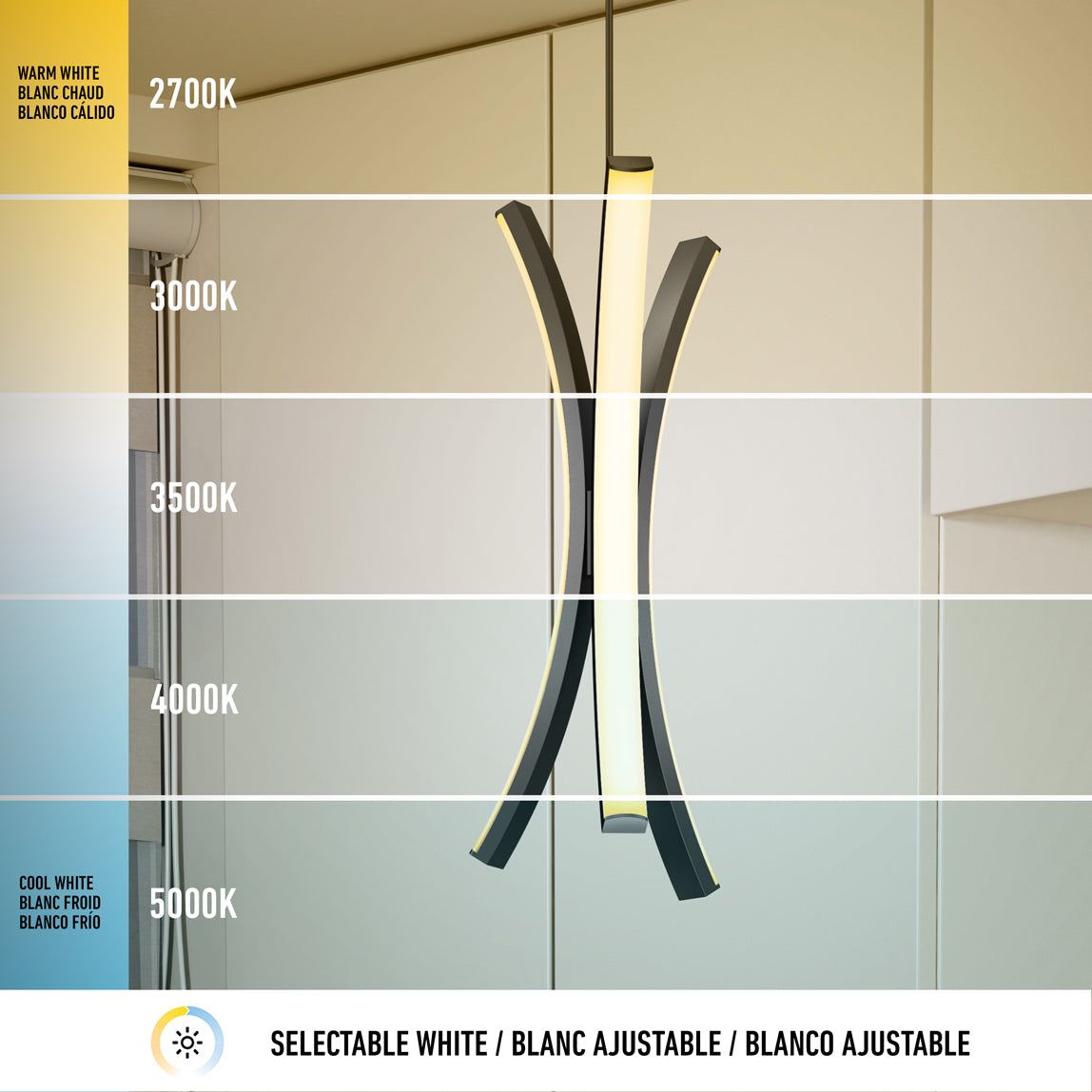 Modern pendant light hanging in a room, shown at different color temperatures from warm white (2700K) to cool white (5000K). Each section of the image displays a progressively cooler light shade.