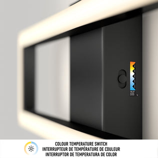 Close-up of Artika’s Dover 27-in Integrated LED 5-CCT Vanity Light Bar color temperature switch (2700K–5000K). Easily adjust your modern bathroom lighting. Text reads: COLOUR TEMPERATURE SWITCH.