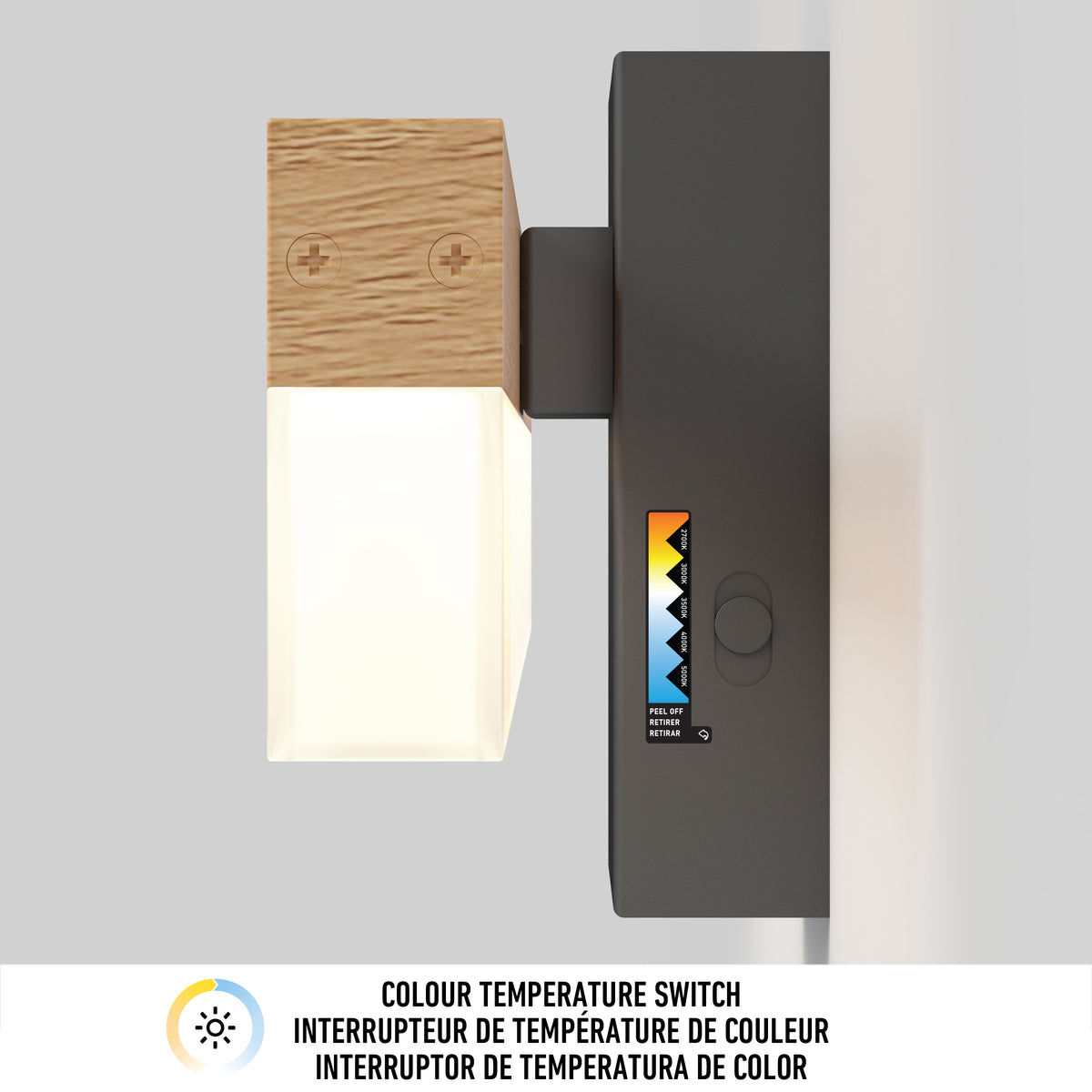 A modern wall-mounted light fixture with a wood and frosted glass design, featuring a color temperature switch and a labeled adjustable dial with a color gradient from warm to cool tones.