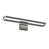 A modern, rectangular LED wall light with a slim, black metallic frame and a central mounting base. The light has a minimalist design and is suitable for contemporary interiors.