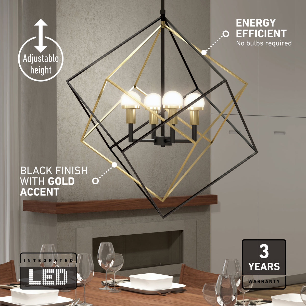 Modern geometric LED chandelier with black and gold square frames hanging over a dining table; features include adjustable height, energy efficiency, black finish with gold accent, and a 3-year warranty.