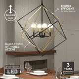 Modern geometric LED chandelier with black and gold square frames hanging over a dining table; features include adjustable height, energy efficiency, black finish with gold accent, and a 3-year warranty.