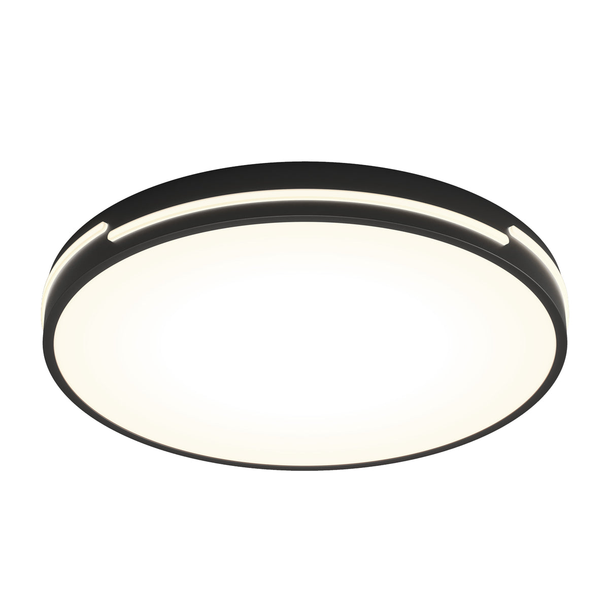 A modern, round ceiling light fixture with a black rim and a bright, evenly illuminated white center, viewed from below against a white background.