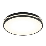 A modern, round ceiling light fixture with a black rim and a bright, evenly illuminated white center, viewed from below against a white background.