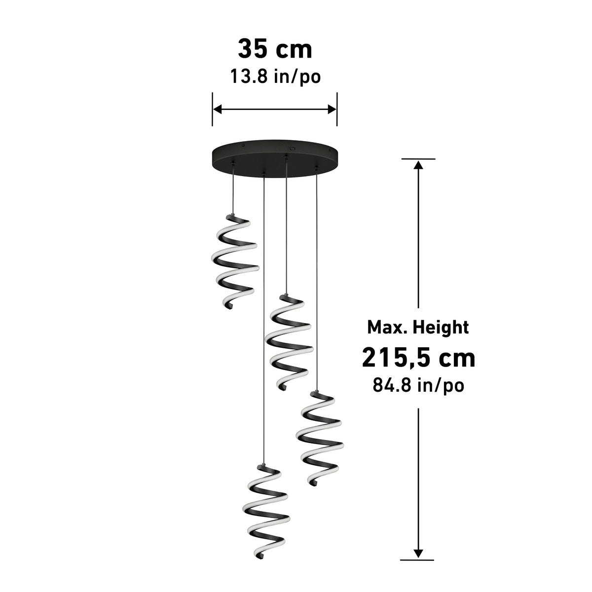 A spiral pendant light fixture with three hanging spirals from a round black ceiling plate. Dimensions: 35 cm (13.8 in) wide, max height 215.5 cm (84.8 in).