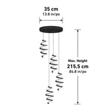 A spiral pendant light fixture with three hanging spirals from a round black ceiling plate. Dimensions: 35 cm (13.8 in) wide, max height 215.5 cm (84.8 in).