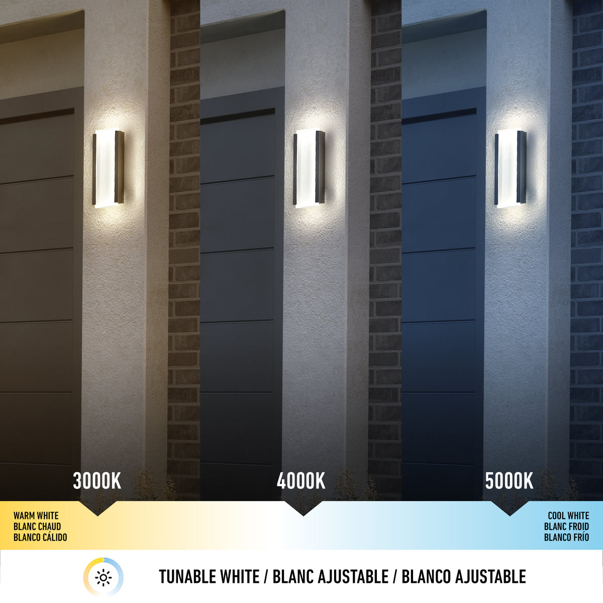 Three outdoor wall lights on garage exteriors show different color temperatures: 3000K (warm white), 4000K (neutral white), and 5000K (cool white). Text with temperature values appears below each light.