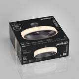 A black box featuring the Artika Selena ceiling fan with a light ring, showing product images, specifications, and logos on a reflective gray surface.