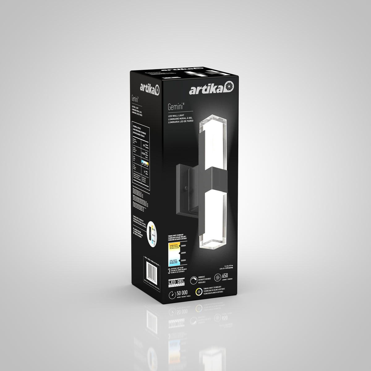 A black Artika box for the Gemini indoor-outdoor LED wall light displays images of the fixture, product details, energy efficiency info, and technical specs on a gray background.