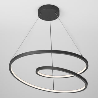The Artika Salto LED pendant light showcases a spiral design with a black frame and a continuous inner glowing strip, suspended from the ceiling by three thin cables.