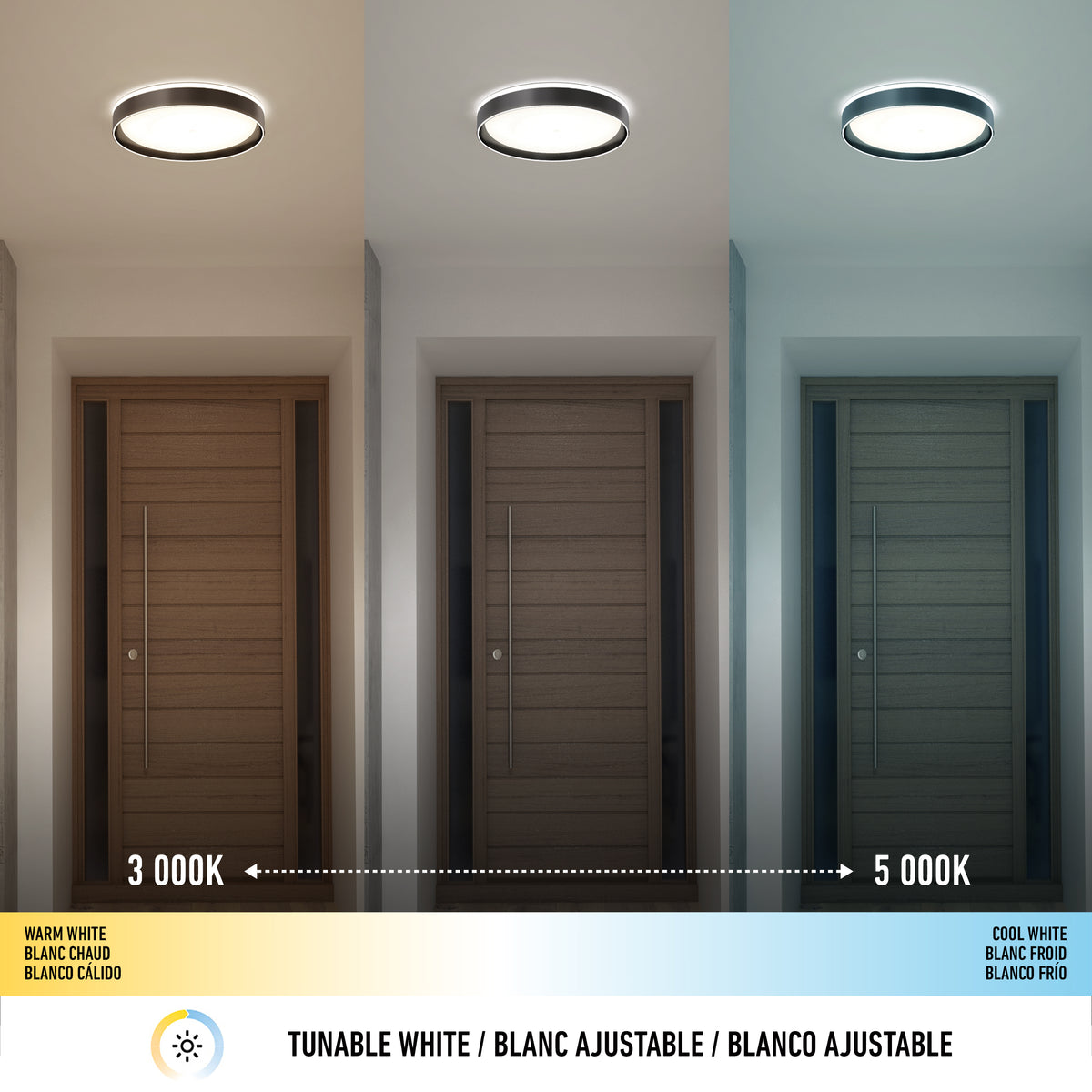 Three images of the same hallway show lighting at different color temperatures: warm white (3000K) on the left, neutral in the middle, and cool white (5000K) on the right. Text in English, French, and Spanish describes the lighting.