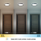 Three images of the same hallway show lighting at different color temperatures: warm white (3000K) on the left, neutral in the middle, and cool white (5000K) on the right. Text in English, French, and Spanish describes the lighting.