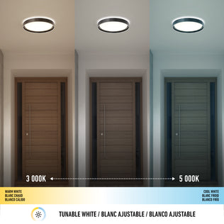 Three hallway images show the Artika Callisto 15 in. LED flush mount light (5 CCT) at different color temps: warm white (3000K) left, neutral center, and cool white (5000K) right. A scale below displays the color range.
