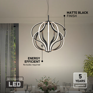 Meridian LED pendant light in matte black with an energy-efficient design and a five-year warranty.