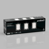 Black product box for Artika Crystal Cube 3 featuring images of three modern pendant light fixtures with crystal details. White text highlights features like LED technology, brightness, and energy efficiency.