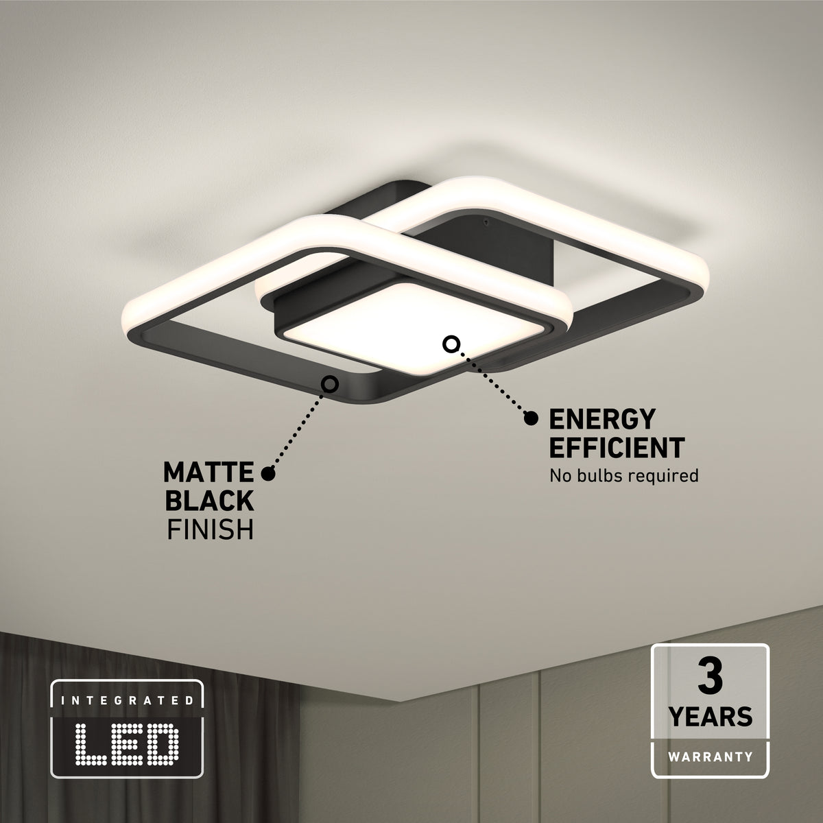 A modern black ceiling light fixture with integrated LED, matte black finish, and energy-efficient design. Text highlights a 3-year warranty and states no bulbs are required. The light is mounted on a white ceiling.