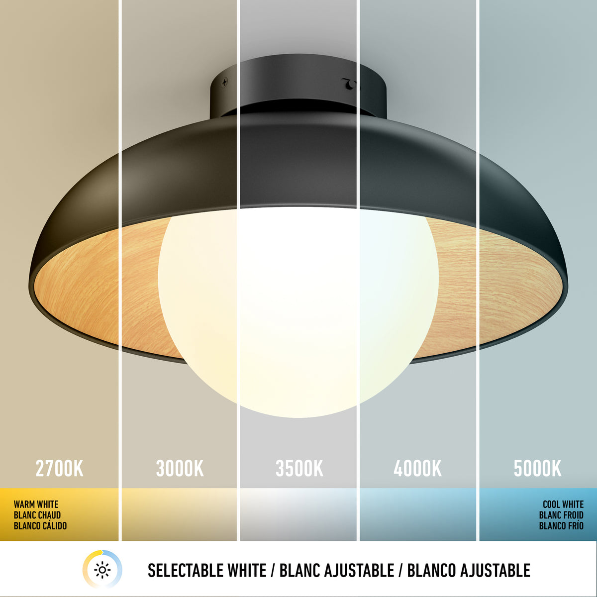 A ceiling lamp is shown with its light split into five sections, each displaying a different color temperature: 2700K, 3000K, 3500K, 4000K, and 5000K, ranging from warm white to cool white.