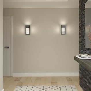 Two Artika Glow Box 3 LED Wall Sconces with illuminated panels mounted side by side on a neutral-toned wall.