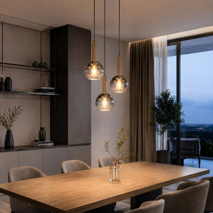 Modern dining room with Artika’s Ardel Spiral 3-Light Pendant (no bulbs), glass shades, wood table, beige chairs, and city views.