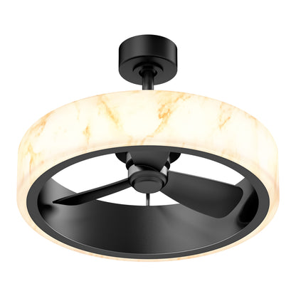The Artika Selena 23 in. LED modern ceiling fan features three black blades, a marble-patterned light fixture, and comes with a remote control, all mounted on a short black rod.