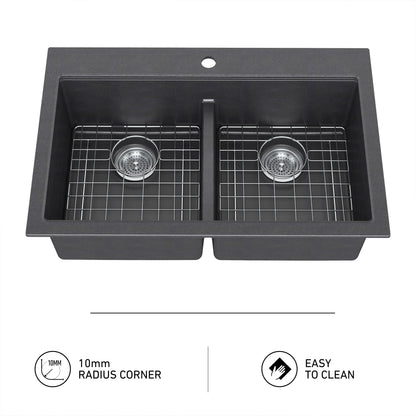 Artika Baycrest 33″ double bowl black kitchen sink, 10mm radius corners, comes with metal grids; easy to clean.