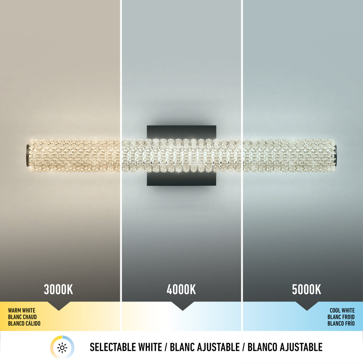 A wall-mounted light fixture is shown in three color temperatures: warm white at 3000K, neutral white at 4000K, and cool white at 5000K. Labels and icons explain selectable white light options in English, French, and Spanish.
