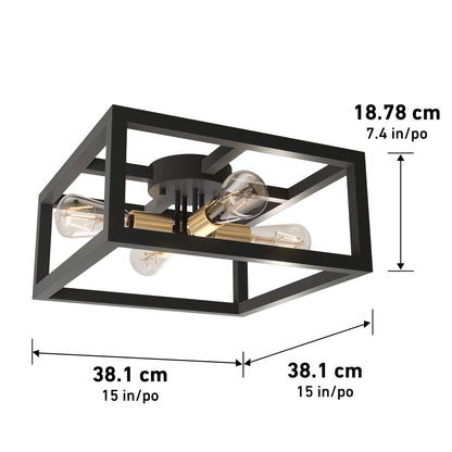 Artika Princeton 4-light flush mount ceiling fixture in black and gold with four exposed bulbs; measures 38.1 cm (15 in) square and 18.78 cm (7.4 in) high, with dimensions labeled by arrows.