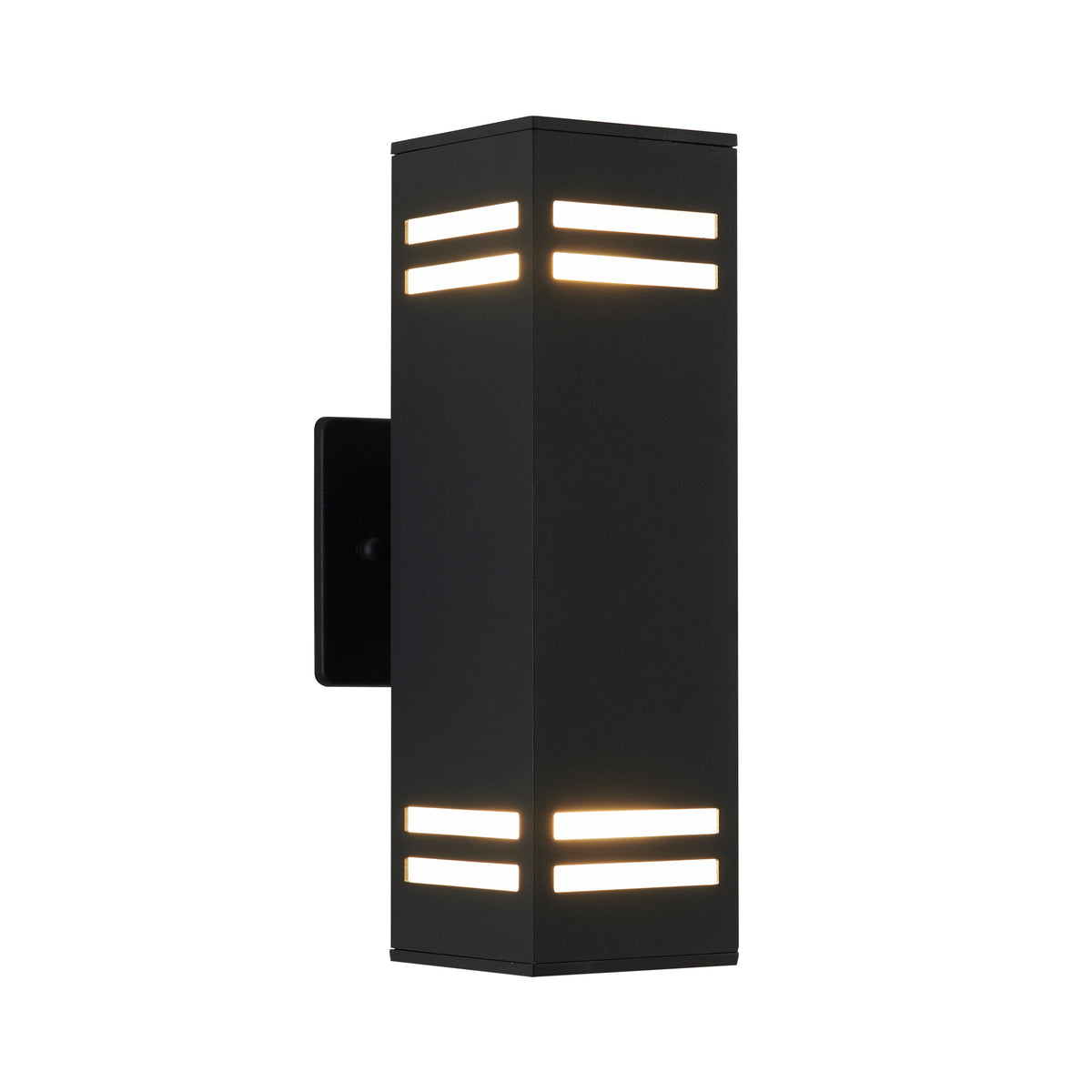 The Artika Strike indoor-outdoor wall light is a modern black rectangular sconce with horizontal slits, emitting warm white light from both the top and bottom, shown mounted against a plain white background.