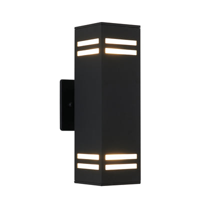 The Artika Strike indoor-outdoor wall light is a modern black rectangular sconce with horizontal slits, emitting warm white light from both the top and bottom, shown mounted against a plain white background.