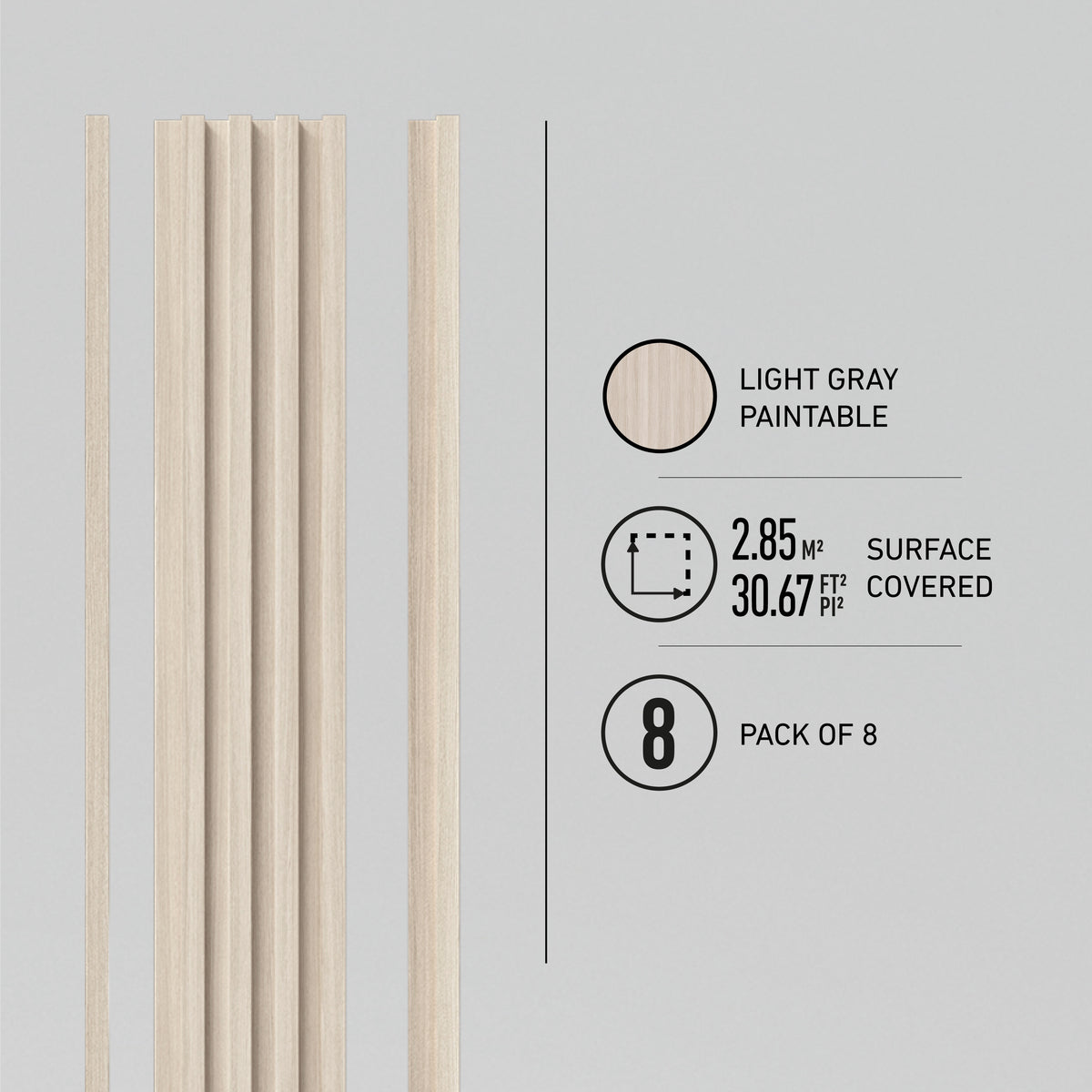 Five vertical Artika Panolok wall panels are shown in light gray paintable finish. The kit covers 2.85 m² (30.67 ft²) and includes 8 panels per pack.