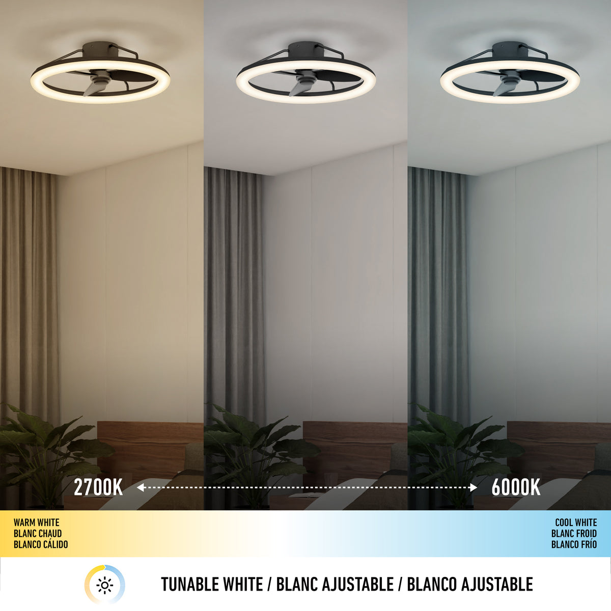 Three side-by-side images of a ceiling fan with a light, each showing different light temperatures: warm white (2700K), neutral white, and cool white (6000K). Text below labels the color temperatures and tunable white feature.