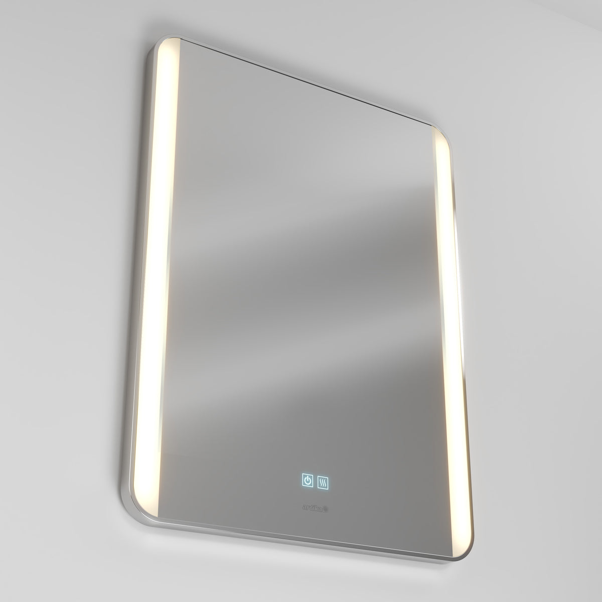 The Artika Onyx dimmable LED mirror 3 CCT is a rectangular wall-mounted smart mirror with rounded corners, vertical LED strips on both sides, and touch control icons at the bottom.