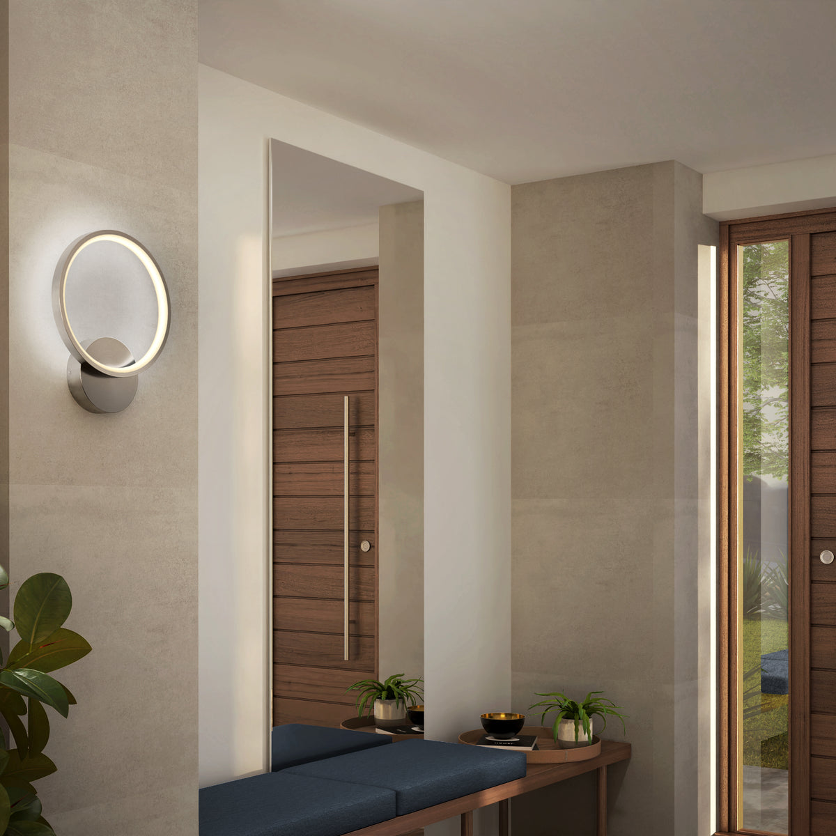 A modern entryway with beige walls, an Artika Solis modern LED indoor-outdoor wall light 5 CCT for accent lighting, a wooden bench with blue cushion, potted plants, and large wooden doors. Tall windows fill the space with natural light—ideal for contemporary homes.