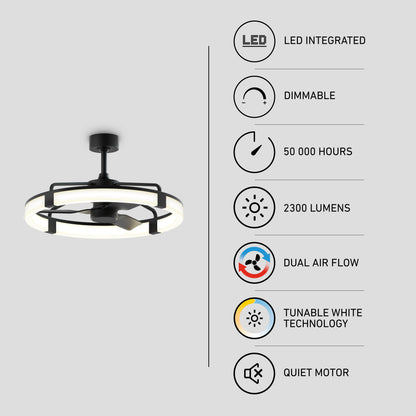 Modern ceiling fan with ring-shaped LED light and black hardware on the left; on the right, icons and text highlight features: LED integrated, dimmable, 50,000 hours, 2300 lumens, dual air flow, tunable white, quiet motor.