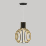 A modern pendant light with a bulbous, cage-like wooden frame hangs from a black cord and ceiling mount, set against a plain gray background.