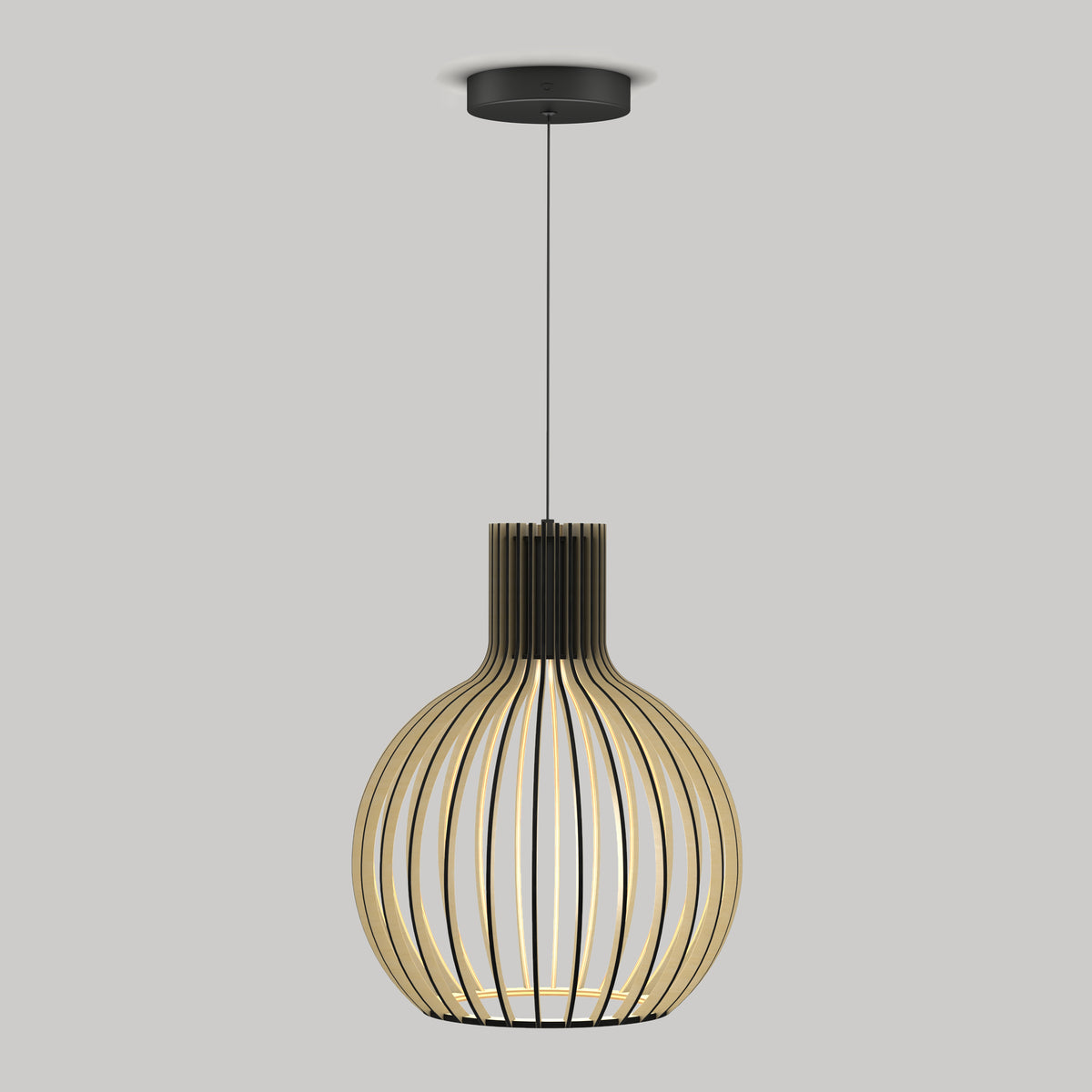The Artika Tomi LED Pendant Light 3 CCT features a black cord and a rounded, cage-style wooden frame, hanging elegantly from the ceiling against a simple gray background.