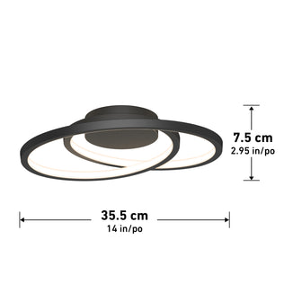 The Artika Salto LED flush mount light features two interlocking LED rings in a modern black design, measuring 35.5 cm (14 in) wide and 7.5 cm (2.95 in) high, as shown by the arrows.