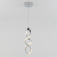 The Artika Mini Swirl LED pendant light features a twisted spiral design with a chrome finish, suspended by a thin wire, and emits a soft white glow from one side.