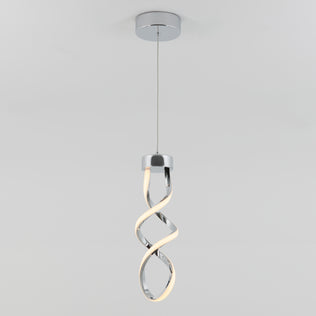 The Artika Mini Swirl LED pendant light features a twisted spiral design with a chrome finish, suspended by a thin wire, and emits a soft white glow from one side.