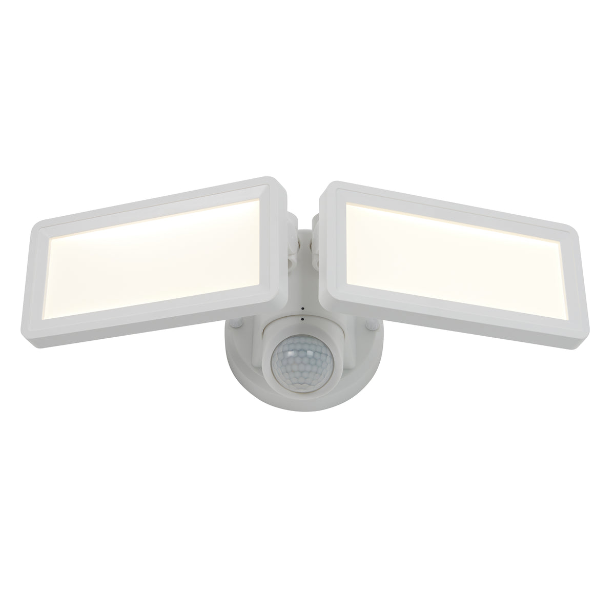A white outdoor LED security floodlight with two rectangular adjustable light panels and a round motion sensor in the center.