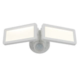 A white outdoor LED security floodlight with two rectangular adjustable light panels and a round motion sensor in the center.