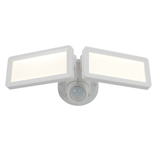 The Artika Sentinel outdoor Flat Panel Security Light features a white finish, two rectangular adjustable LED panels, a central round motion sensor, and mounts on a circular base.
