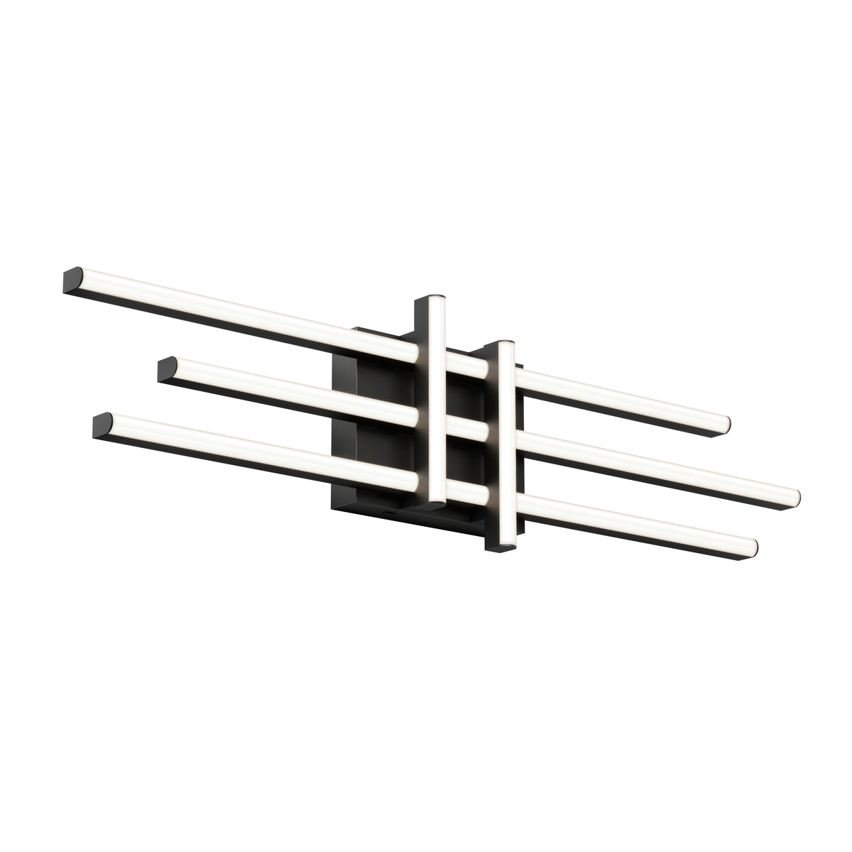 A modern wall light fixture with a rectangular black base and six horizontal, parallel, white light bars extending outward in an alternating stacked pattern.